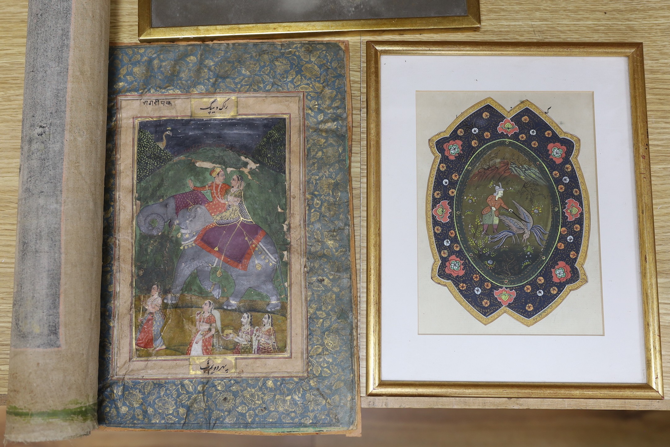 An Indian painted silk panel, two framed Persian paintings and another unframed painting.